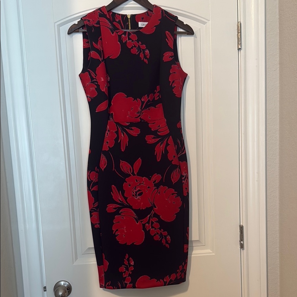 Calvin Klein Red and Black Sheath Midi Dress Mock Neck Sleeveless